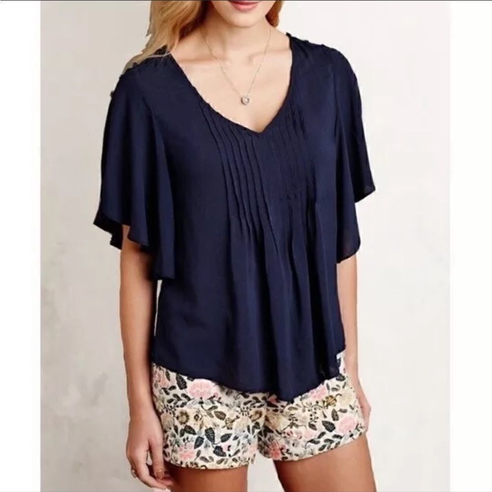 Maeve Anthropologie Size 2 Navy Blue Maya Flutter Sleeve Pleated Blouse Top